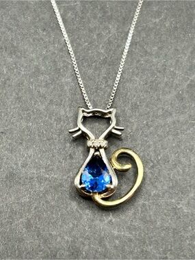 KAY 14K Gold & Sterling Silver Necklace Sapphire Cat Pendant 1.30 CTW 18”